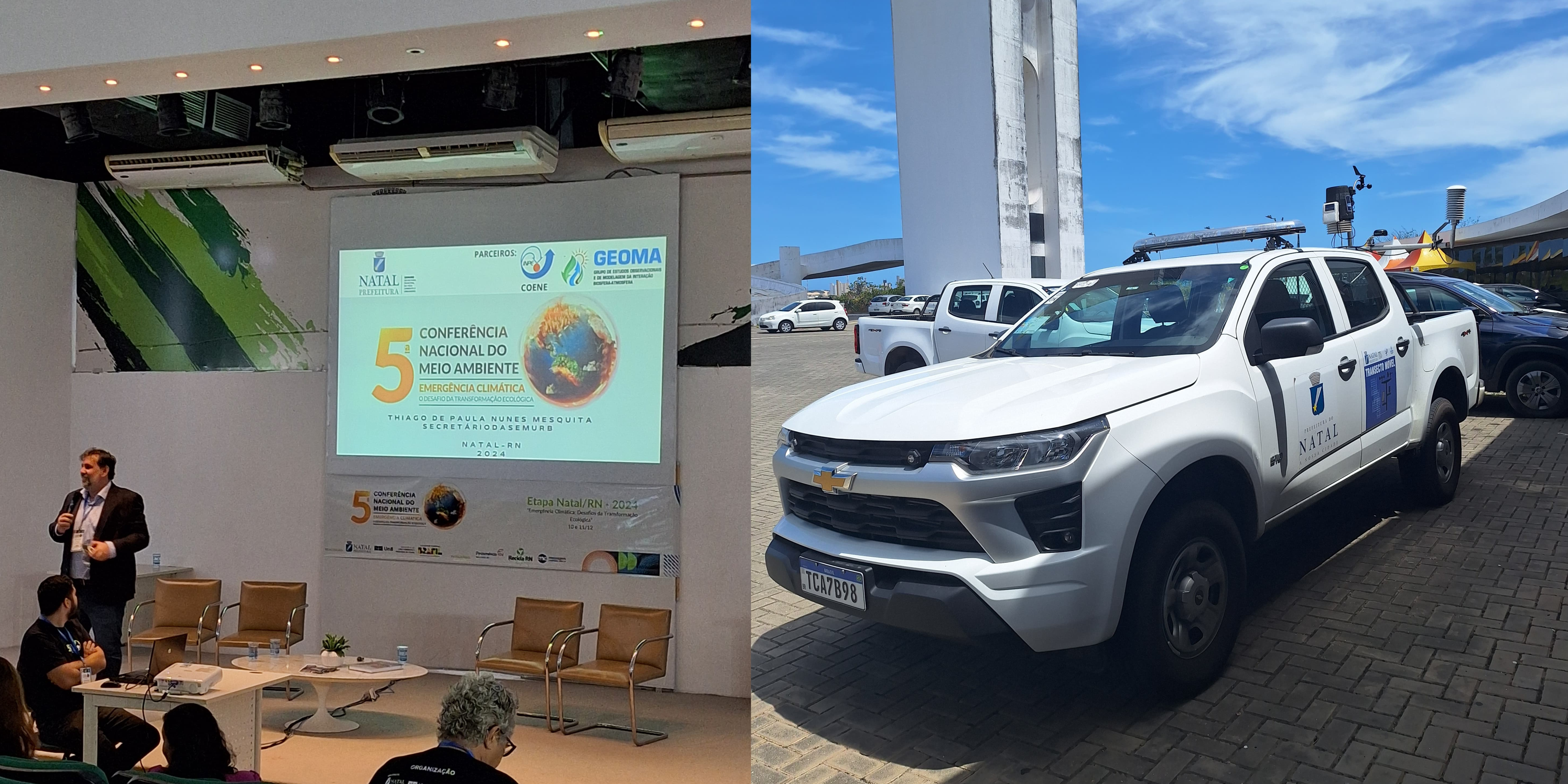 Foto da palestra no auditório e da viatura da SEMURB com instrumentos para medida em deslocamento